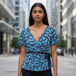 Womens Geometric Y2K Babydoll Blouse Top XL Wrap Vneck Retro Festival Stretchy